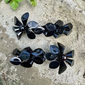 Set of 2 1970's Retro Onyx Black Lucite Flower French Barrette Hair Clips